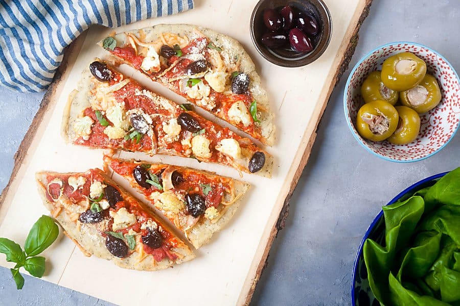 "Cheese on Bottom" Pizza with Fennel, Cauliflower, and Olives (Gluten and Lactose Free)