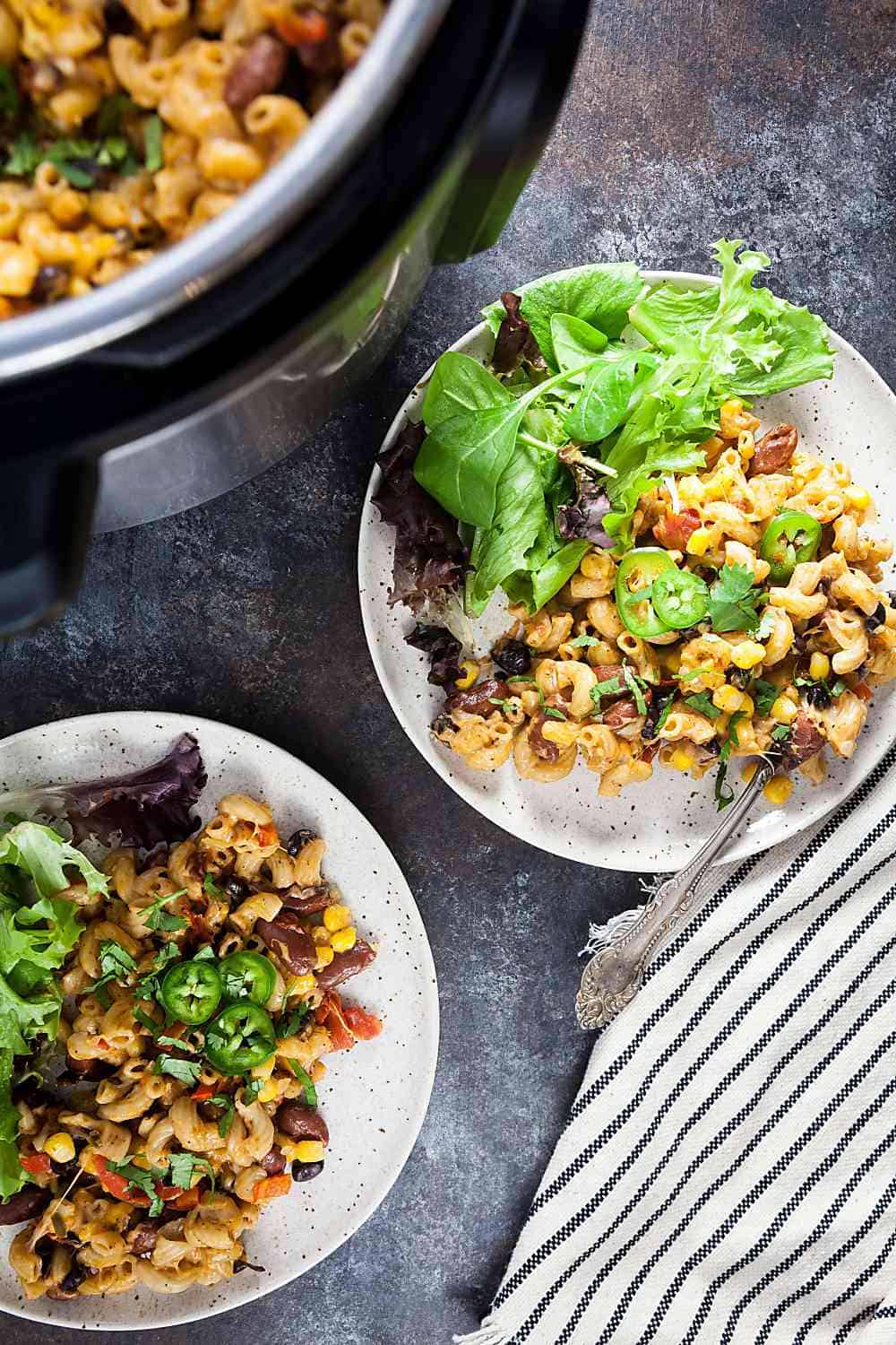 An overhead view of Instant Pot Vegetarian Chili Mac with black beans and corn. 