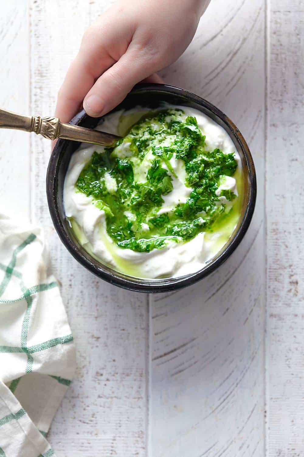 Small bowl of cilantro yogurt dip