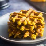 stack of savory low carb waffles with ham and cheddar