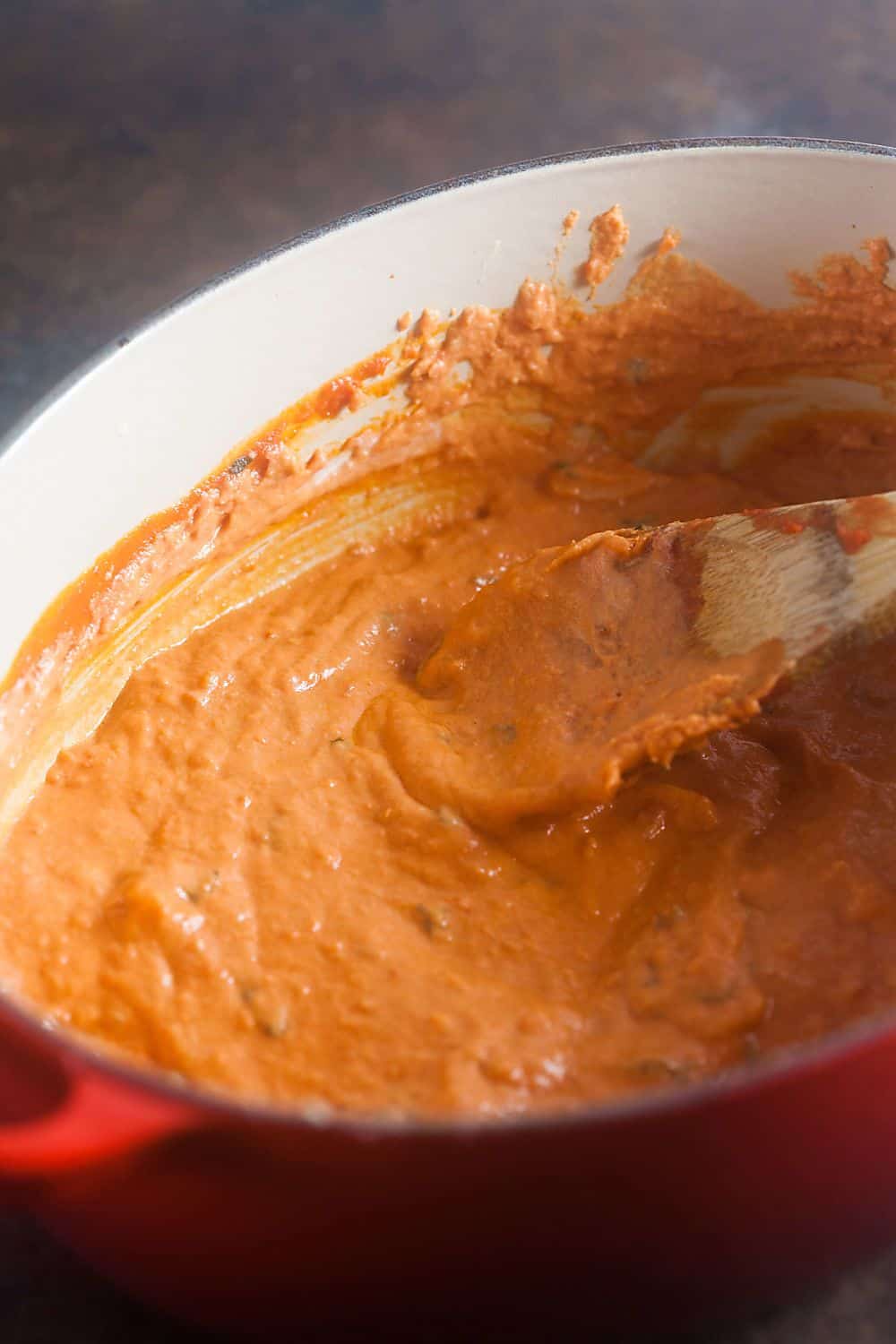 Homemade tomato cream in a pot, ready to serve.