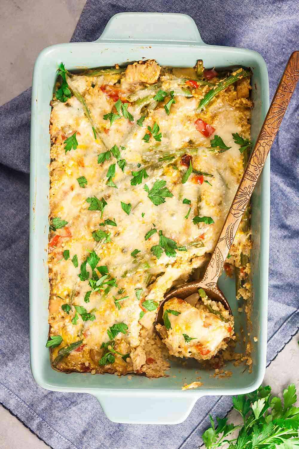 Healthy turkey casserole in a dish with a scoop removed