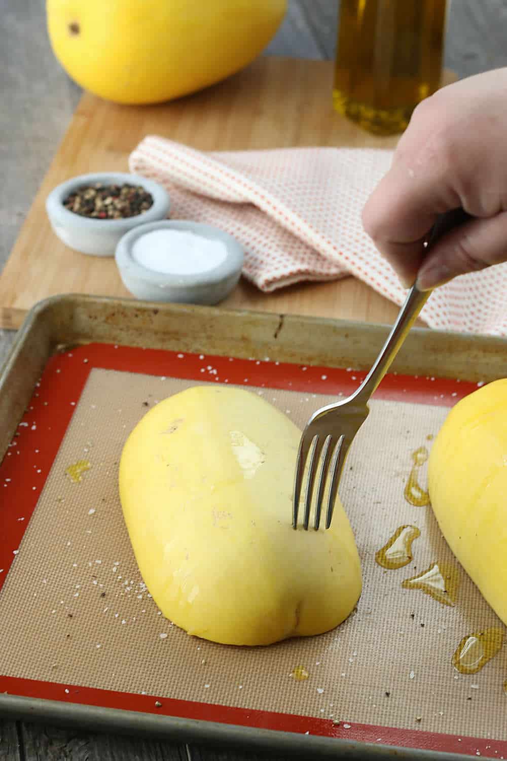 Preparing the back of the spaghetti squash is necessary as well! 