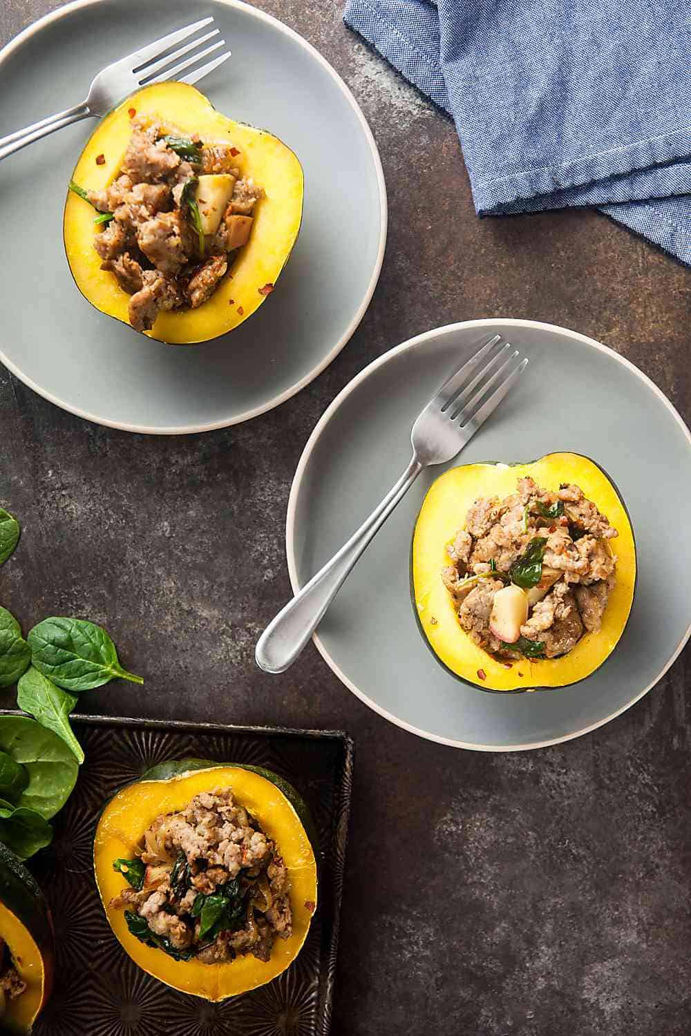 Sausage stuffed spaghetti squash plated and ready to eat.