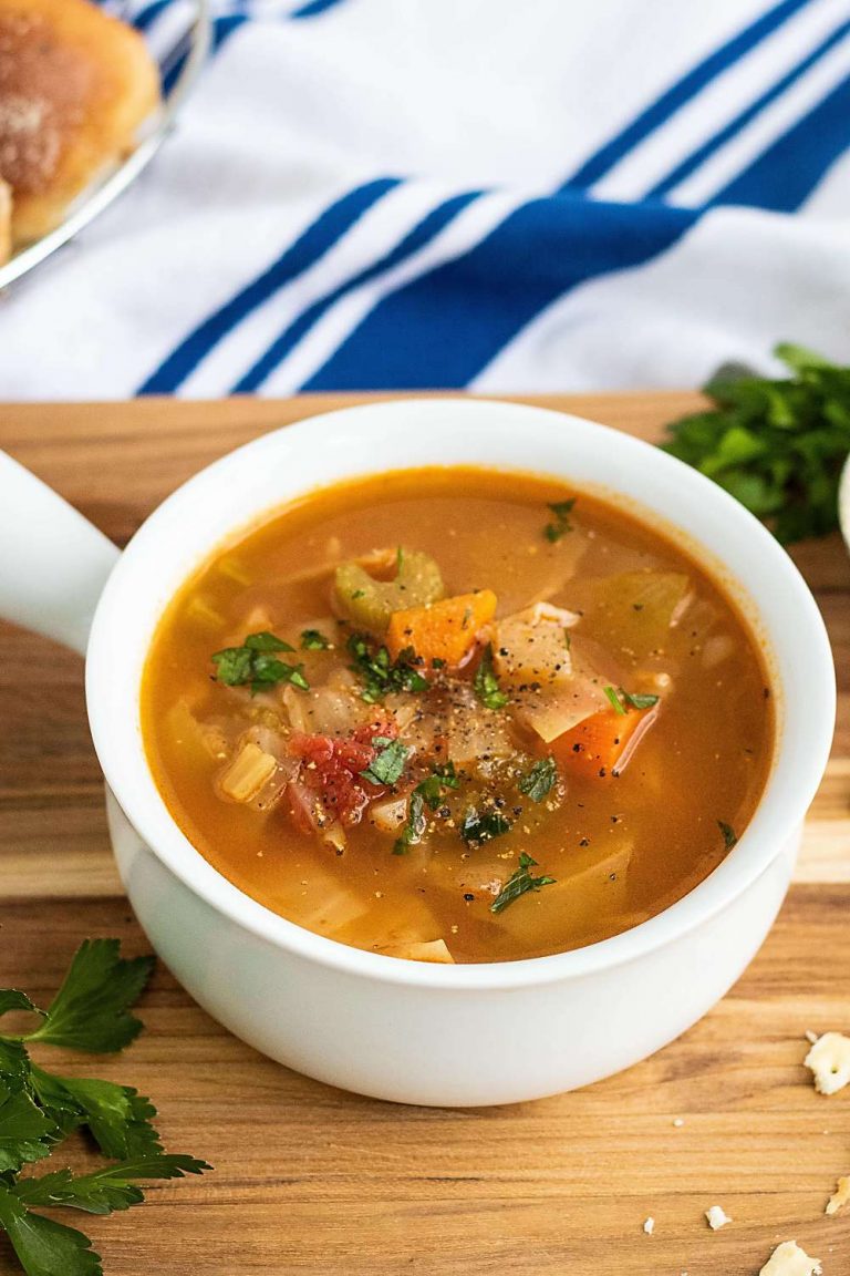 vegetarian cabbage soup in a white ramekin