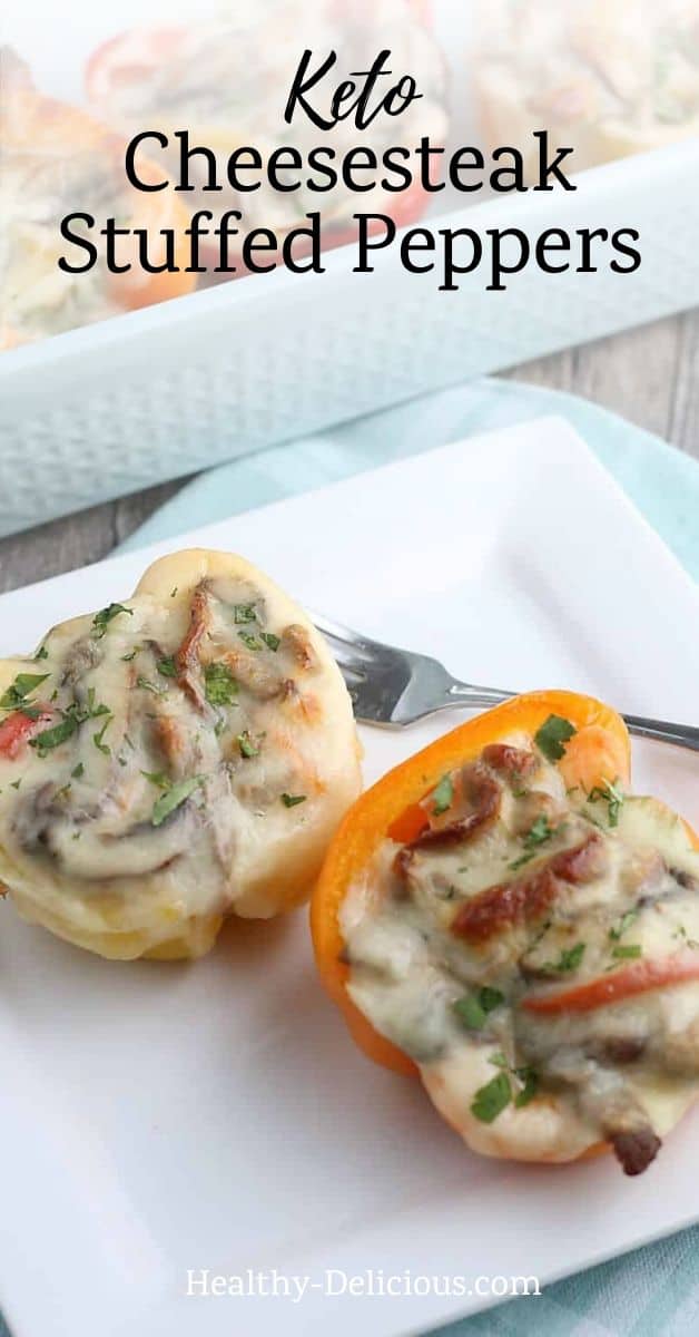 Low carb Philly cheesesteak stuffed peppers are an easy, healthy dinner made with beef strips and melted provolone cheese. You'll love this tasty keto recipe! via @HealthyDelish