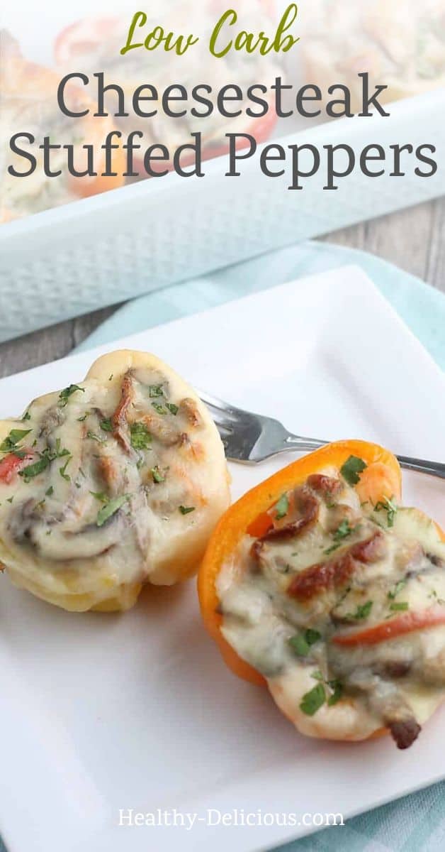 Low carb Philly cheesesteak stuffed peppers are an easy, healthy dinner made with beef strips and melted provolone cheese. You'll love this tasty keto recipe! via @HealthyDelish
