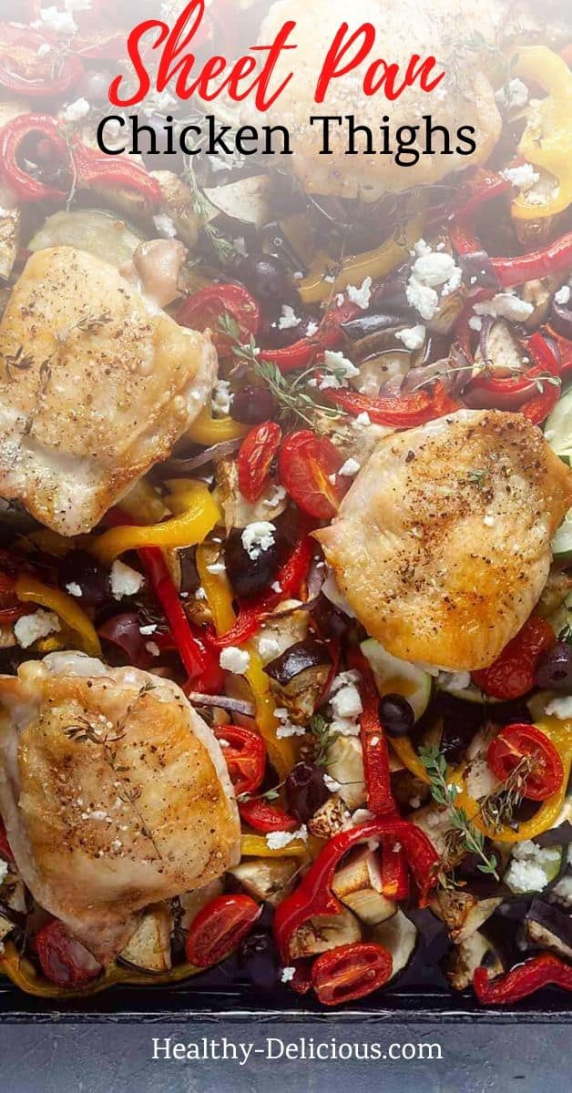 Crispy chicken thighs baked over a bed of Greek-inspired veggies and finished with tangy kalamata olives and salty feta is one of my favorite sheet pan meals. You’ll love how easily this delicious low carb dinner comes together! via @HealthyDelish