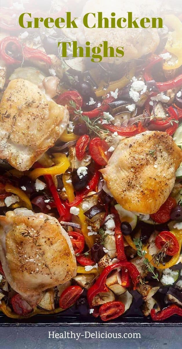 Crispy chicken thighs baked over a bed of Greek-inspired veggies and finished with tangy kalamata olives and salty feta is one of my favorite sheet pan meals. You’ll love how easily this delicious low carb dinner comes together! via @HealthyDelish