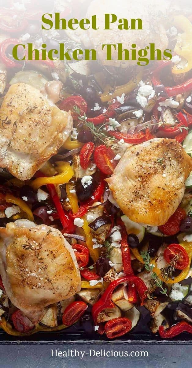 Crispy chicken thighs baked over a bed of Greek-inspired veggies and finished with tangy kalamata olives and salty feta is one of my favorite sheet pan meals. You’ll love how easily this delicious low carb dinner comes together! via @HealthyDelish