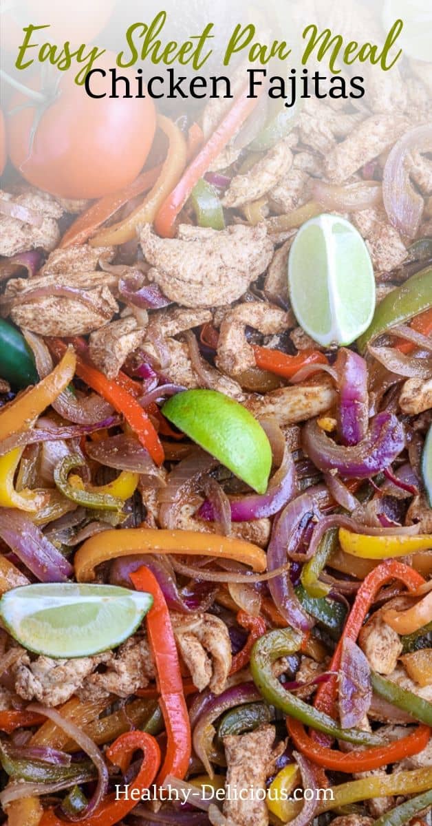 soned chicken and fajitas veggies all bake together on one pan for this super simple fajita recipe. Wrap them in your favorite tortillas, serve over rice, or go low carb and gluten-free by wrapping your fajitas in crispy lettuce.  via @HealthyDelish