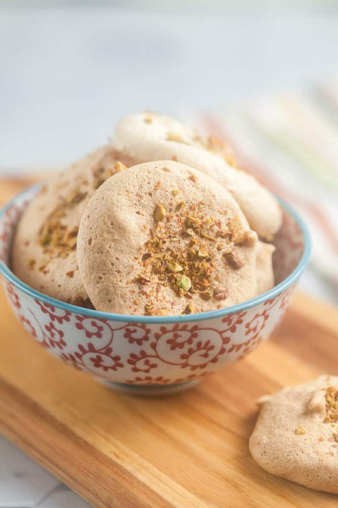 bowl of pistachio meringue cookies