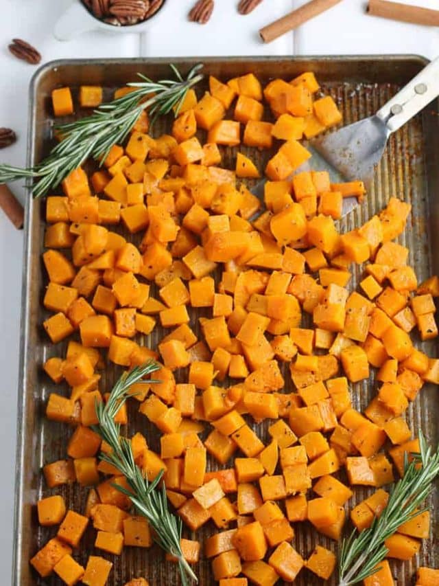 sheet pan full of roasted butternut squash