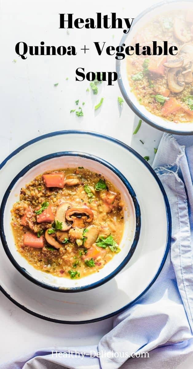 Creamy Mushroom + Quinoa Soup is a cozy winter meal. Coconut milk adds creaminess while keeping this delicious vegan mushroom soup recipe dairy free. via @HealthyDelish