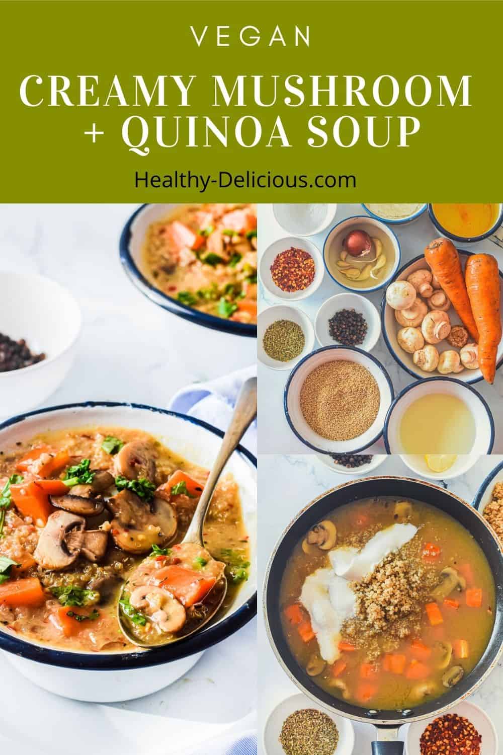 Creamy Mushroom + Quinoa Soup is a cozy winter meal. Coconut milk adds creaminess while keeping this delicious vegan mushroom soup recipe dairy free. via @HealthyDelish