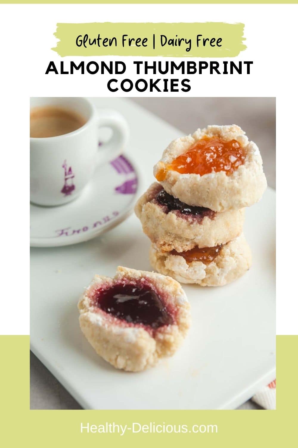 Almond thumbprint cookies a such a treat! These delightfully chewy cookies are naturally gluten-free and dairy-free and the small-batch recipe makes just 6 cookies -- perfect for a mid-afternoon snack. via @HealthyDelish