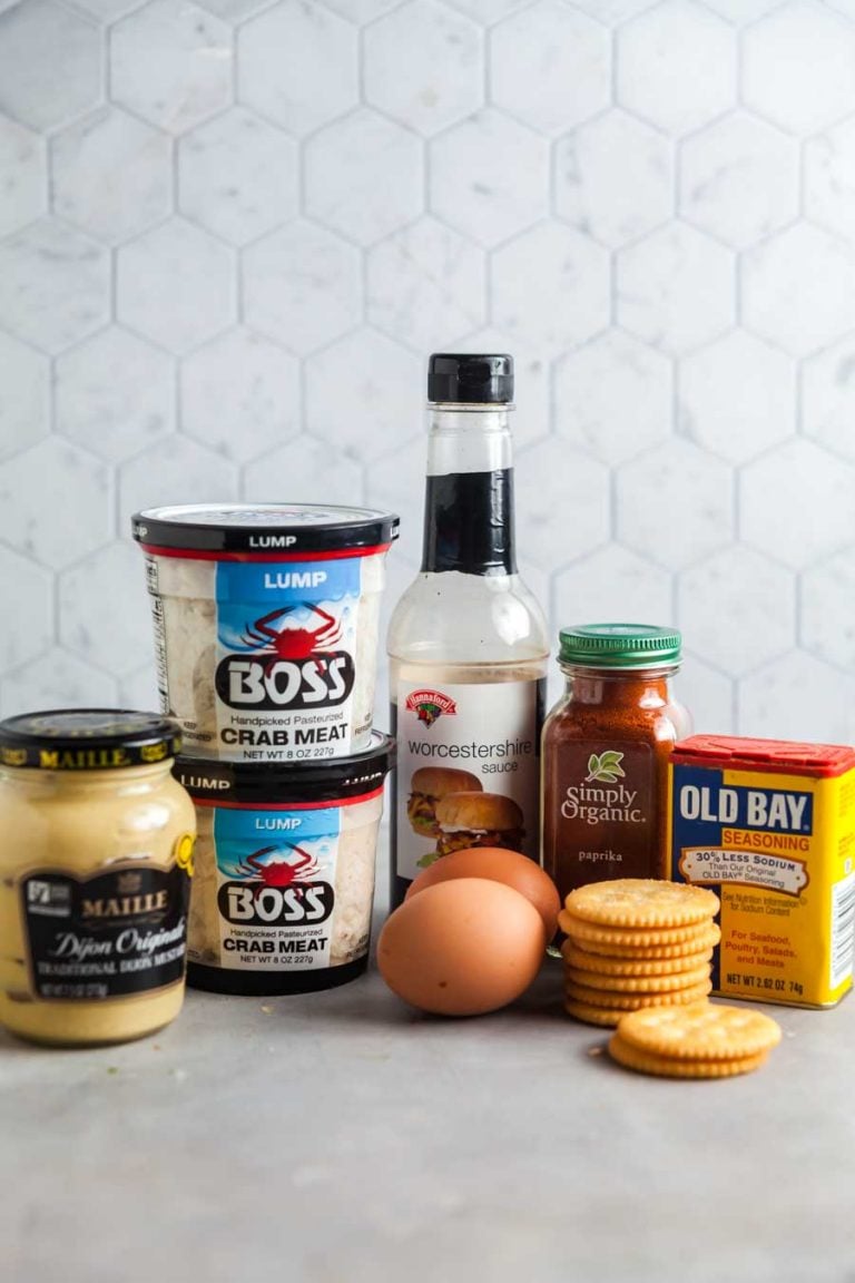 Ingredients for making the best crab cakes: lump crab meat, eggs, Worchestershire sauce, Dijon mustard, and species.