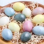 A close up of naturally Easter eggs colored with natural dye.