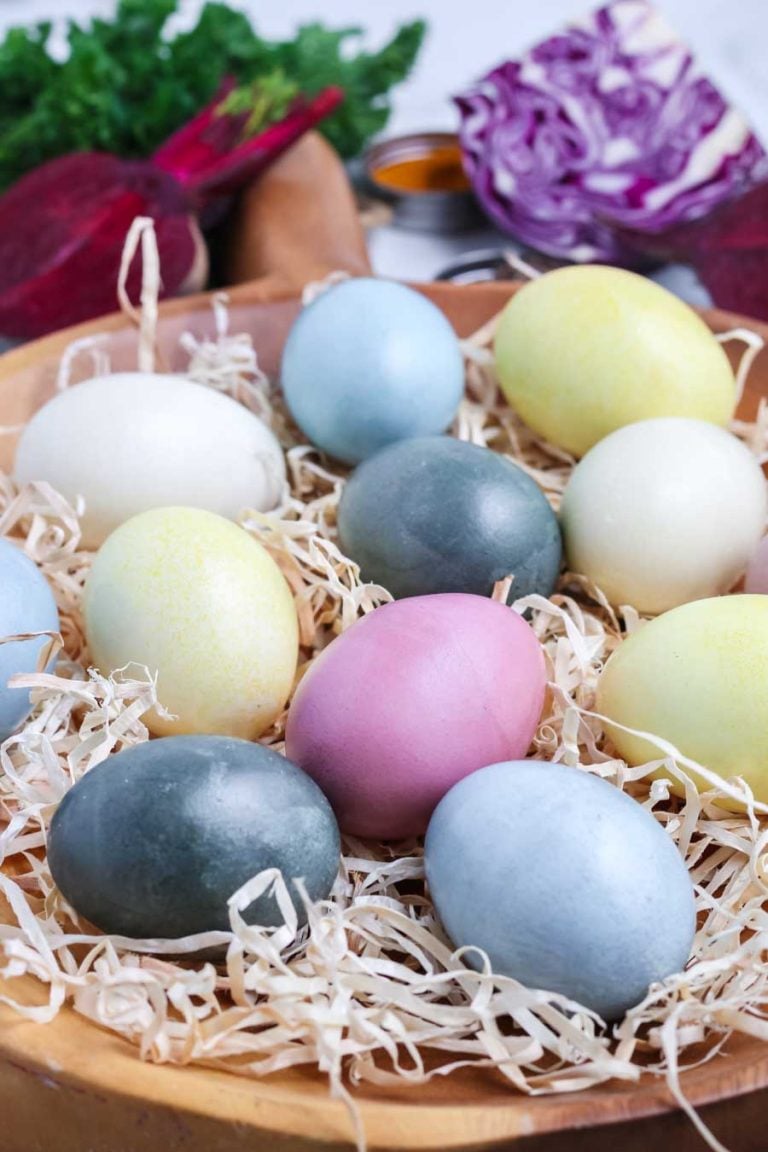 A platter of Easter eggs dyed using natural dyes made from common household items. 