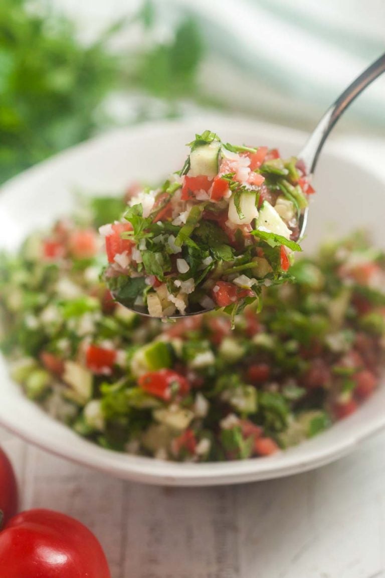 A spoonful of cauliflower tabbouleh. 