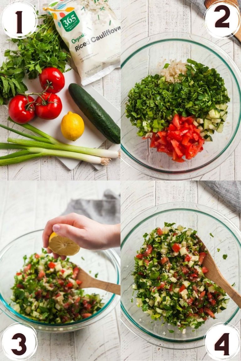 Step by step photos showing how to make cauliflower tabouli salad. 