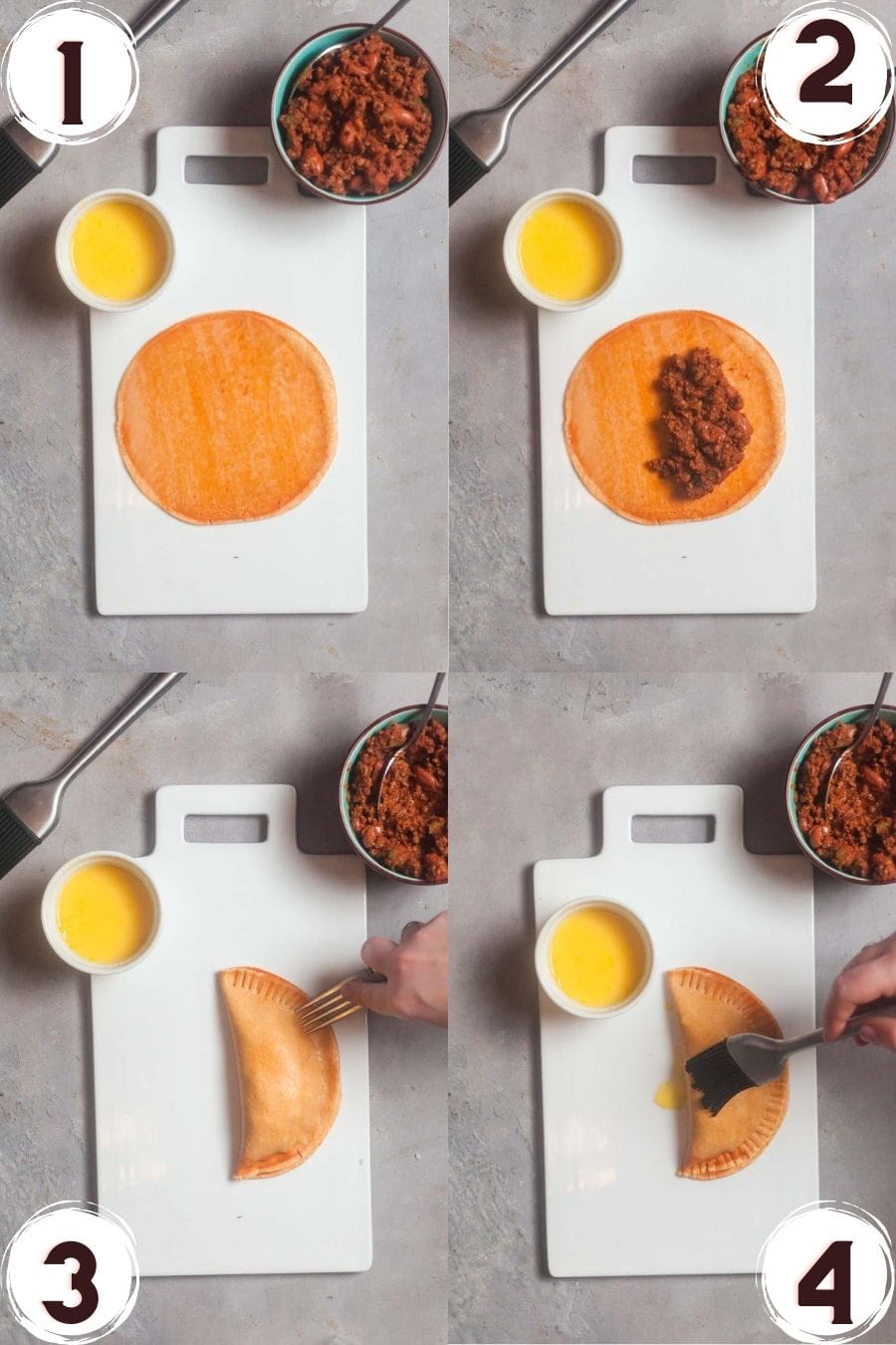 A collage of images showing how to fill and seal empanadas, step by step. 
