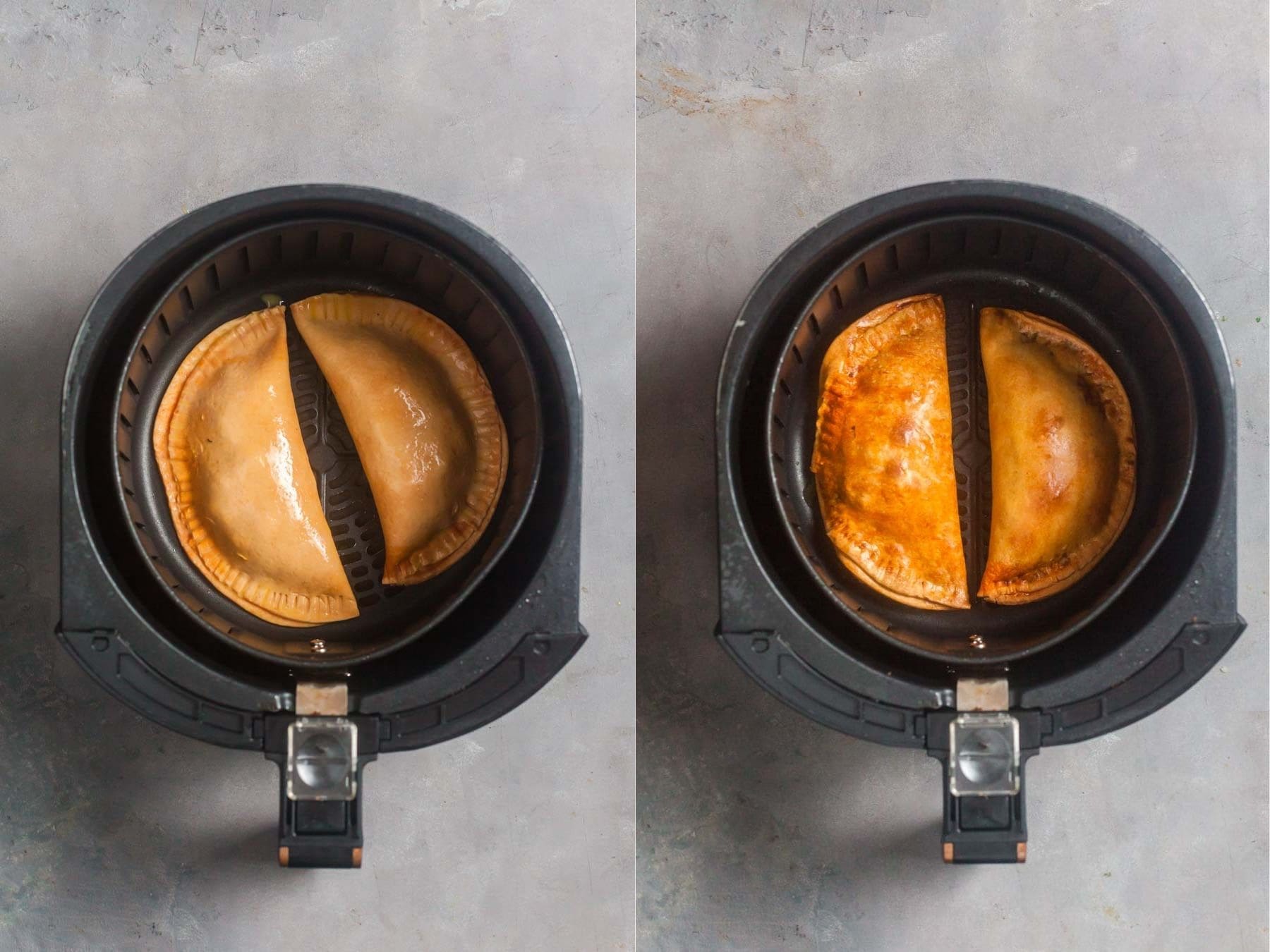 And air fryer basket with empanadas inside. Side by side images show the uncooked empanadas compared to cook empanadas. 