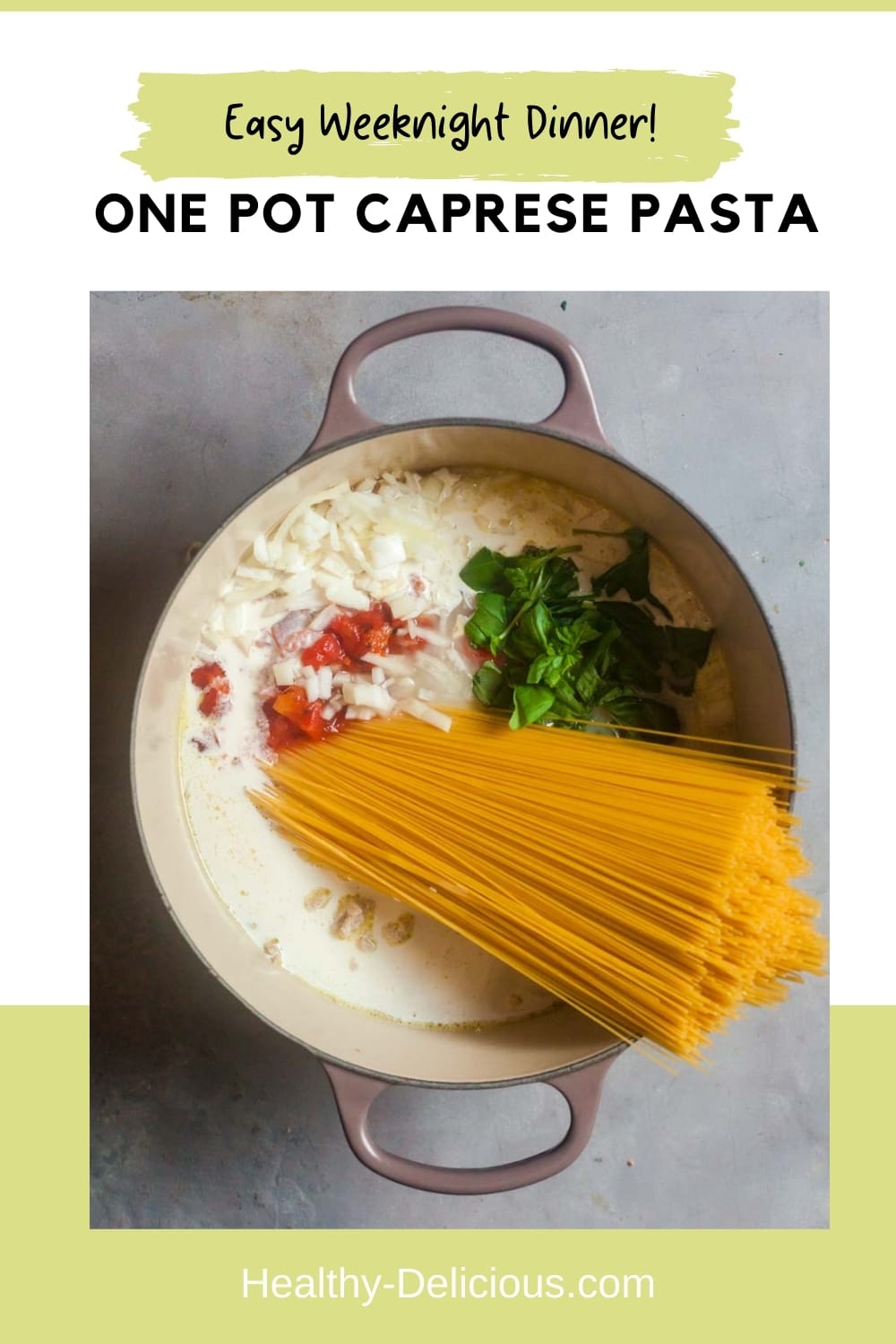 Fuss-free one pot pasta is a meal the whole family will love! This 20-minute recipe is inspired by caprese salad, with fire-roasted tomatoes, mozzarella, and plenty of fresh basil. You'll look forward to eating it all summer long! via @HealthyDelish