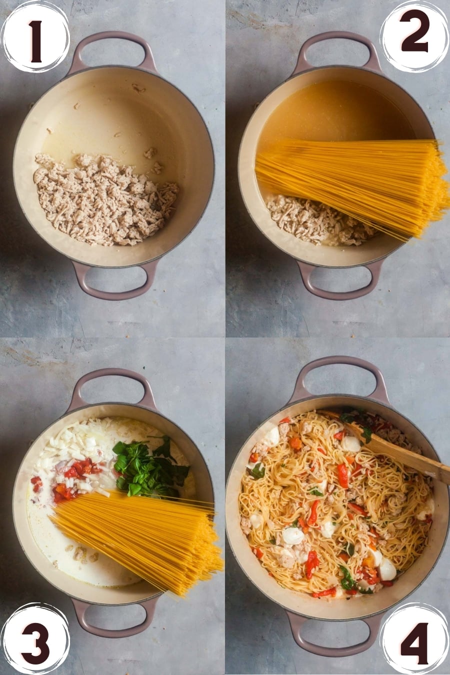 A collage of process photos showing how to make one pot pasta. 