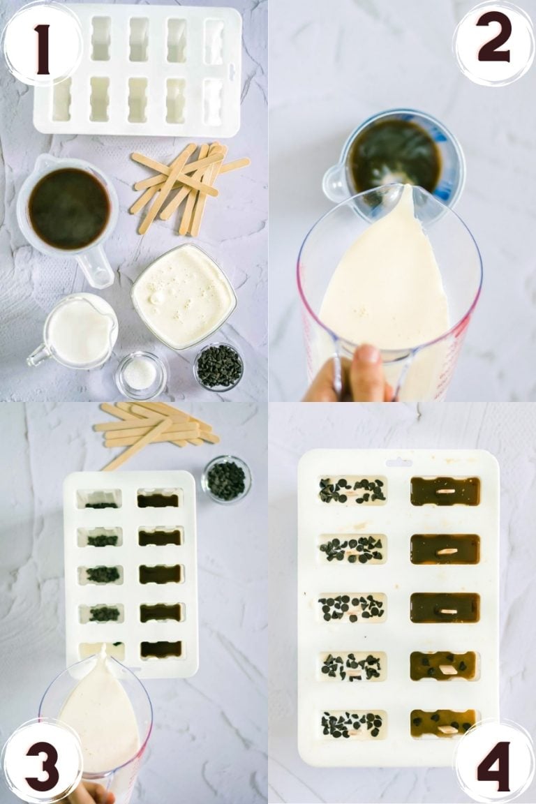 Step by step photo collage depicting how to make low carb coffee popsicles.