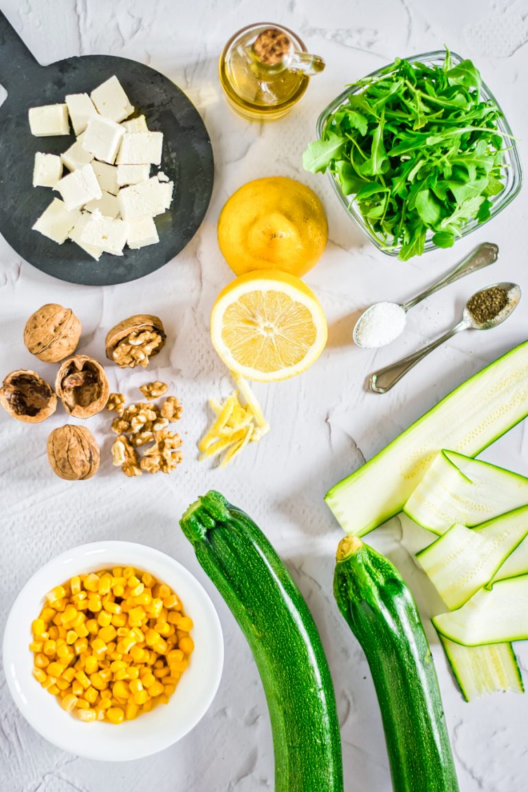 Ingredients for making raw zucchini salad