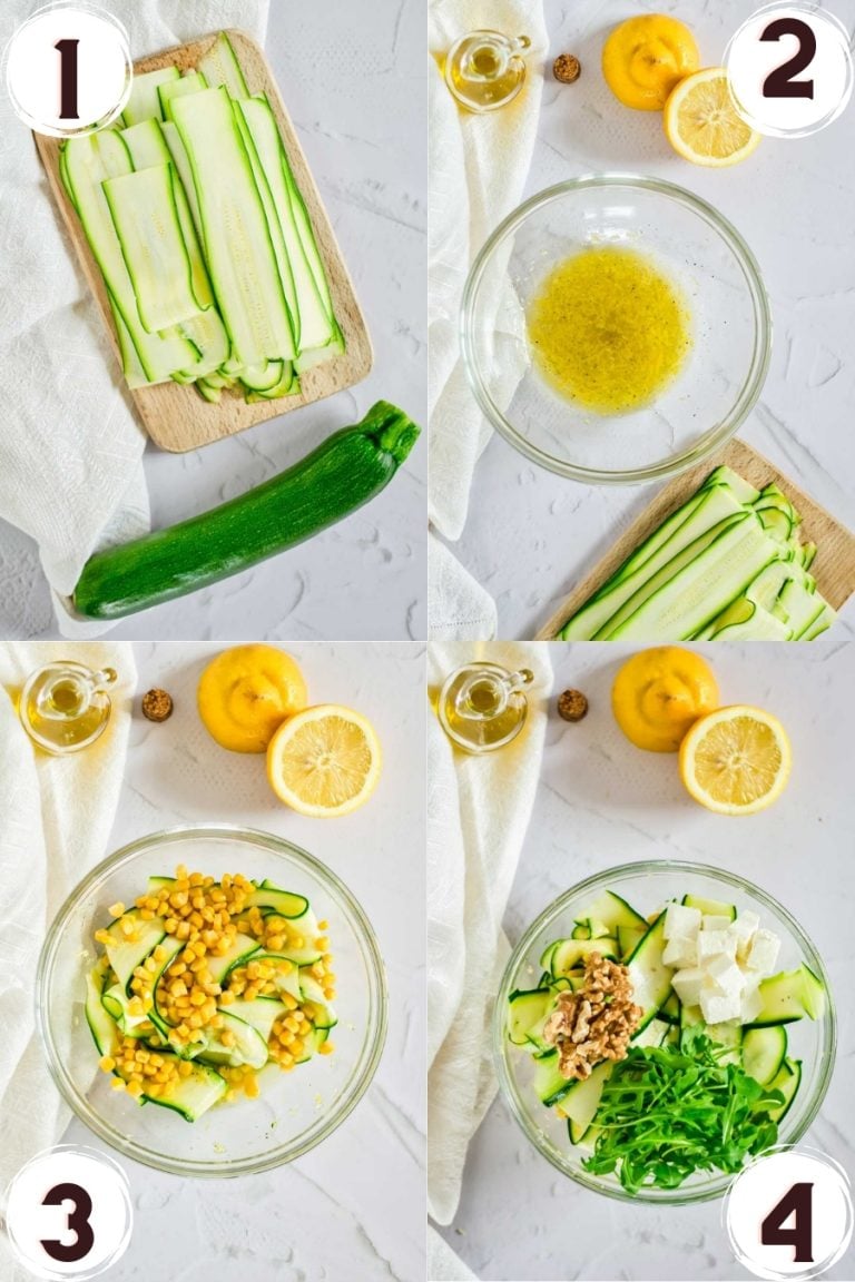 collage of step by step photos of zucchini and corn salad