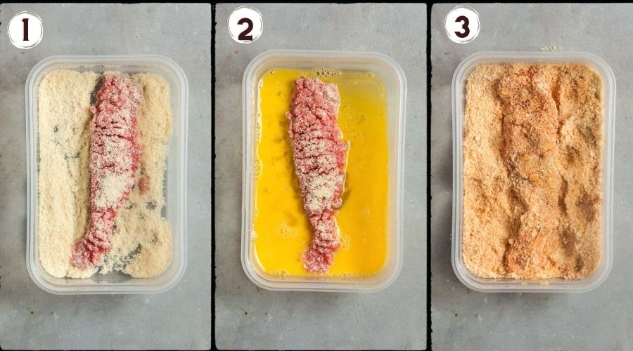 The photos showing the steps for breading steak fingers in seasoned almond flour. 