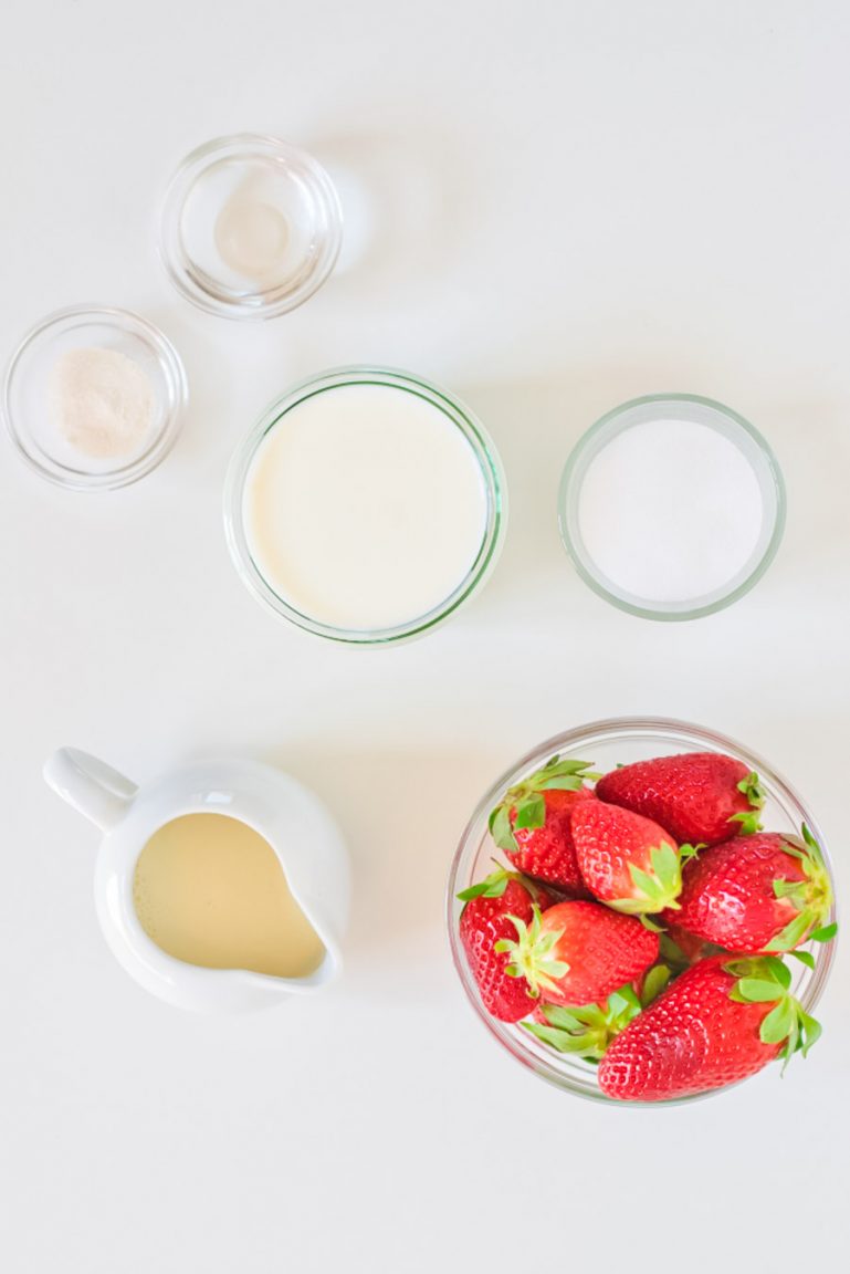 ingredients for making vegan panna cotta with starberry sauce
