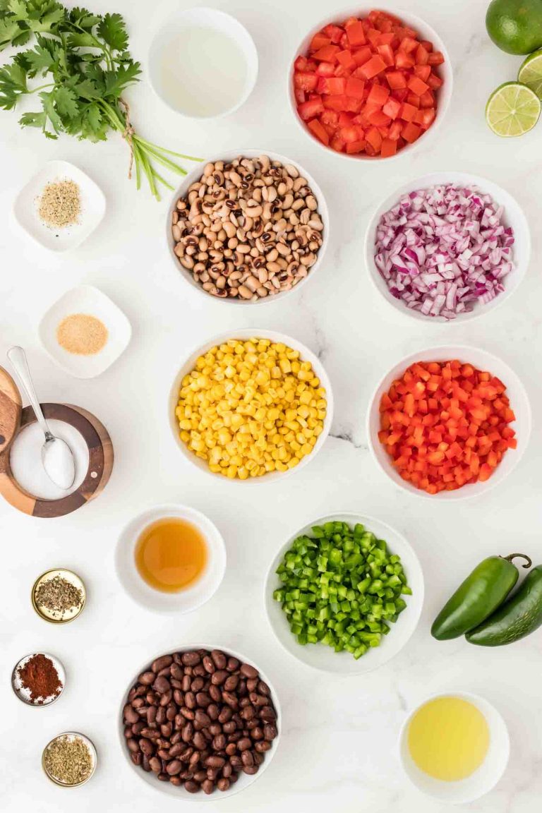 Overhead image of the ingredients needed to make my favorite cowboy caviar recipe. 