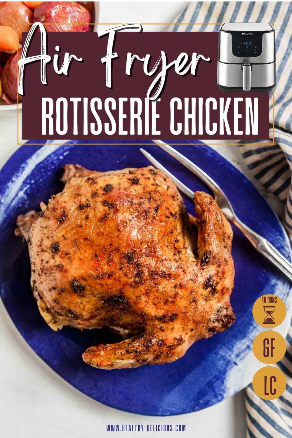 Air fryer rotisserie chicken is perfect for weeknight dinners. This recipe is so easy and quick, you can have dinner on the table with practically no effort at all. Be prepared for everyone at the table to fight over the crispy chicken skin! You can serve this roast chicken with your favorite sides, then use the leftovers to make sandwiches, salads, soup, etc. via @HealthyDelish