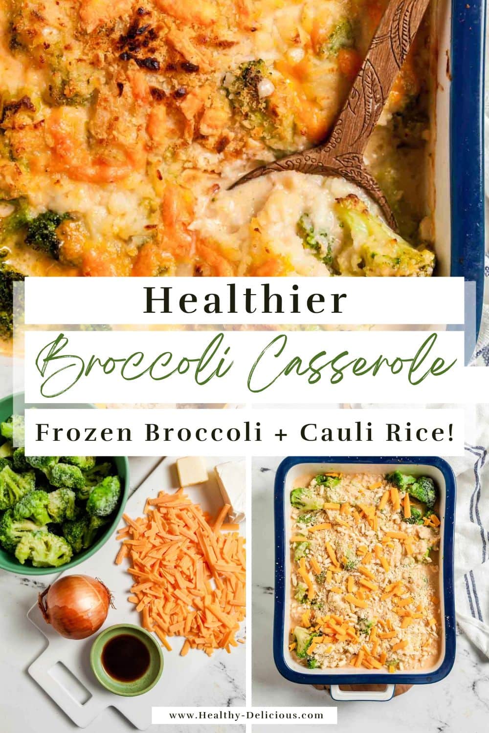 Cheesy broccoli casserole made with wholesome ingredients is a go-to side dish for family dinners! Whether you need a signature dish for the holidays or just want something quick and simple to go along with your air fryer rotisserie chicken, you're going to love this easy recipe. Delicious roasted broccoli is blanketed with a rich cheese sauce, topped with a buttery Ritz cracker topping, and baked to perfection. To keep things on the lighter side, I swapped out the traditional rice for cauliflower rice. It adds the perfect texture while keeping the recipe relatively low carb. via @HealthyDelish