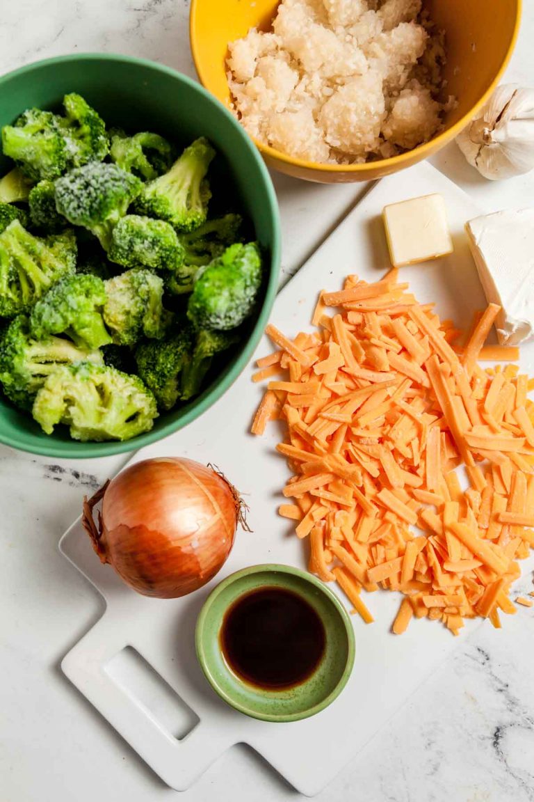 Ingredients for making healthy broccoli cheddar casserole with cauliflower rice