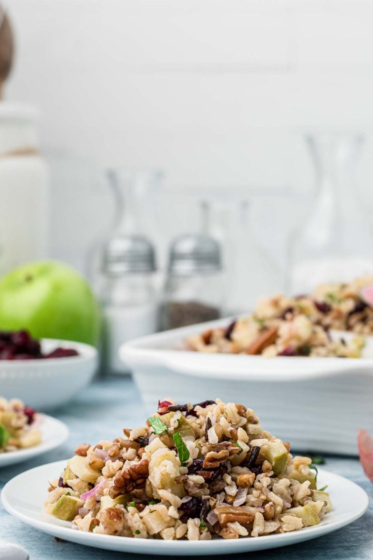 A plate of vegetarian rice pilaf with cranberries and apples. 