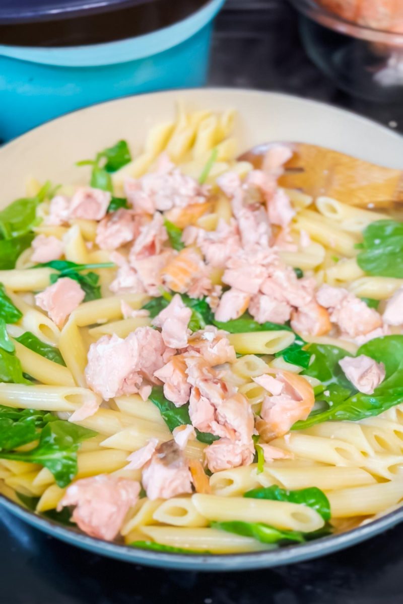 Add salmon to the pasta just before serving. 
