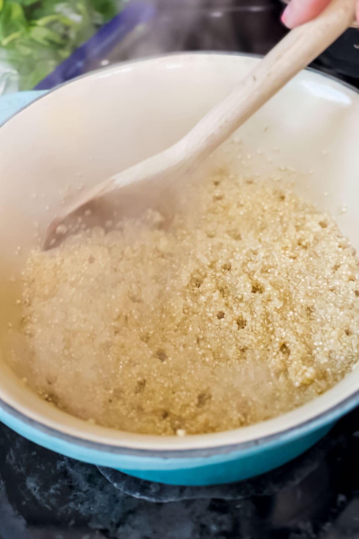 Quinoa is soft when the water is absorbed, but it will still be thick and mushy. 