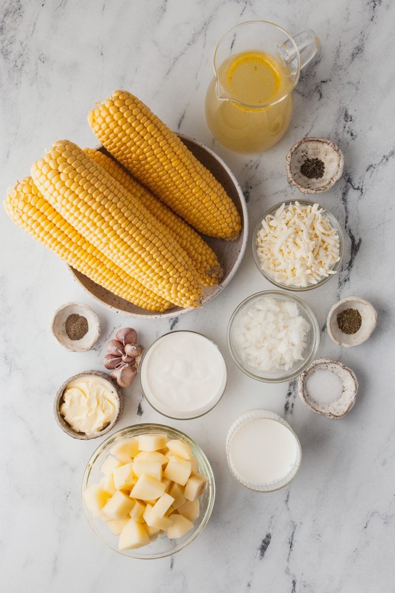 Ingredients needed to make Instant Pot corn chowder with fresh corn and potatoes. 