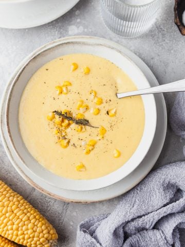 Instant Pot corn chowder in a soup bowl.