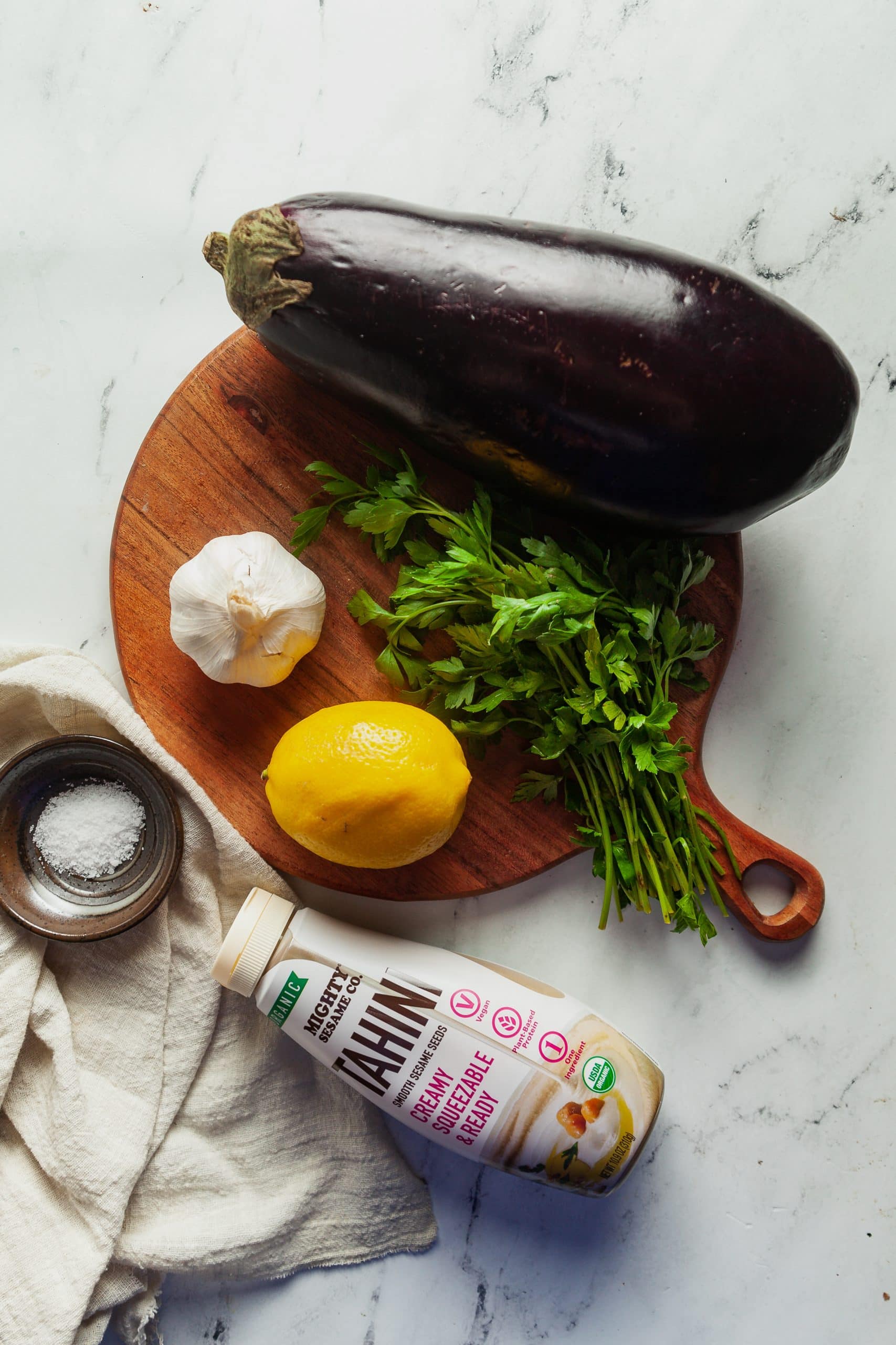Ingredients for making baba ganoush (Greek eggplant dip).. 
