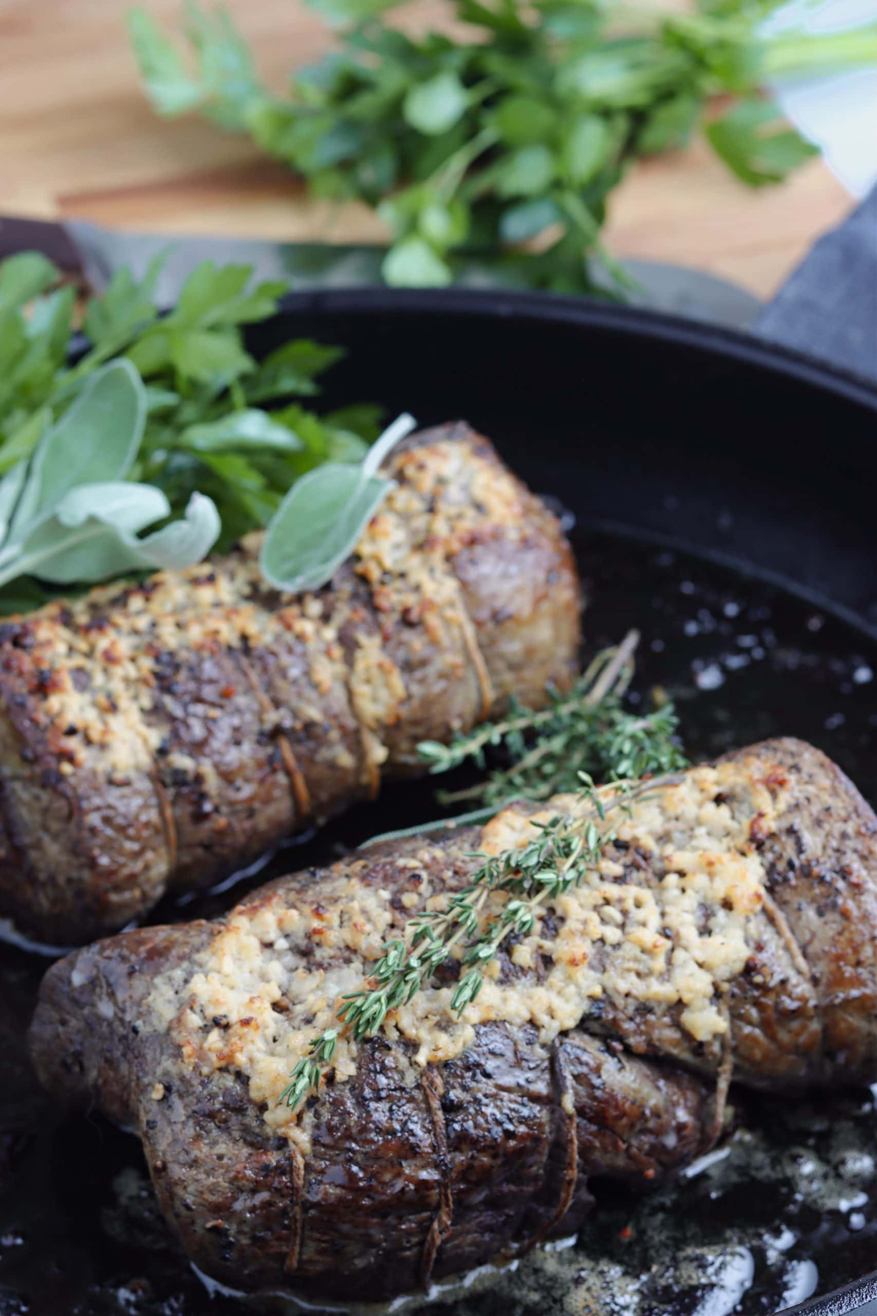 Oven roasted beef tenderloin with horseradish. 