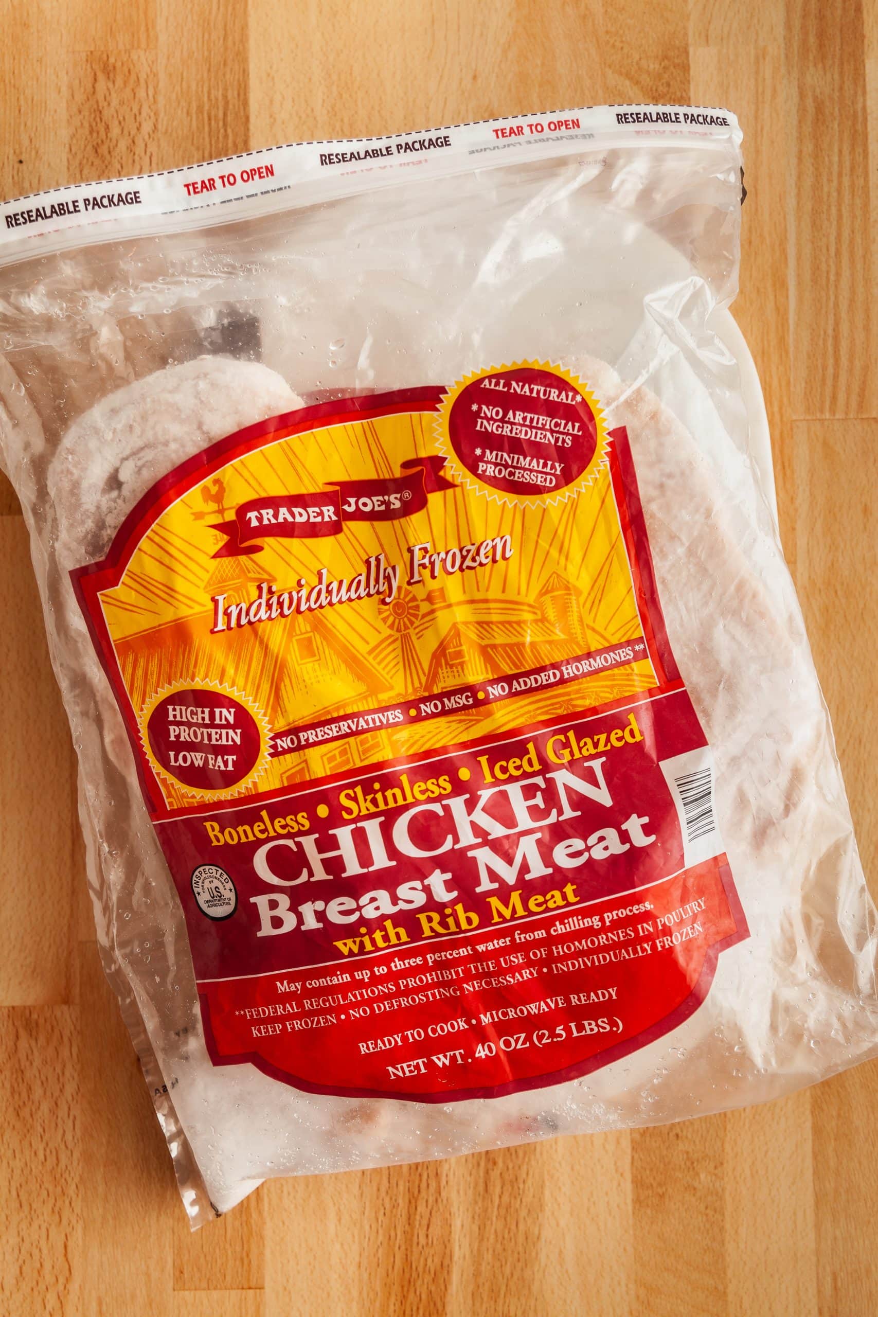 Trader Joe's frozen chicken breasts in a bag. 