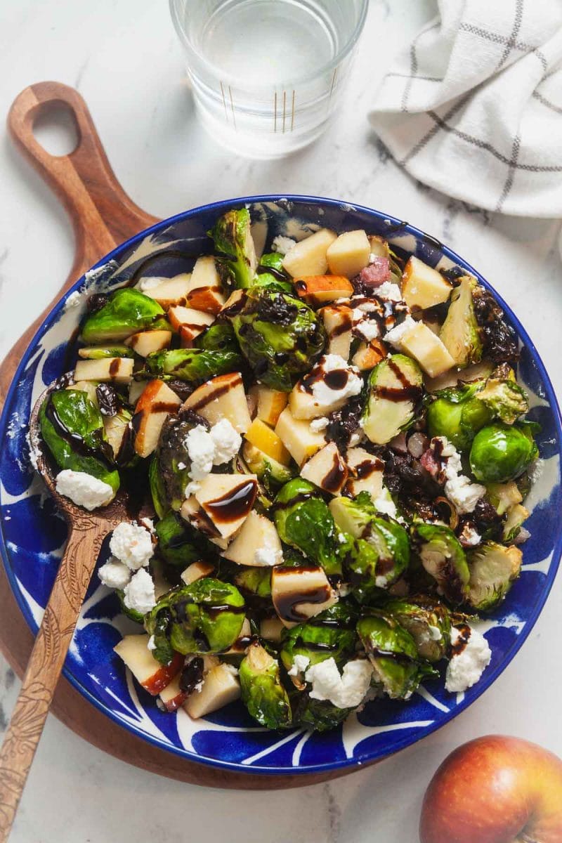 Charred Brussels sporuts salad with balsamic drizzle.