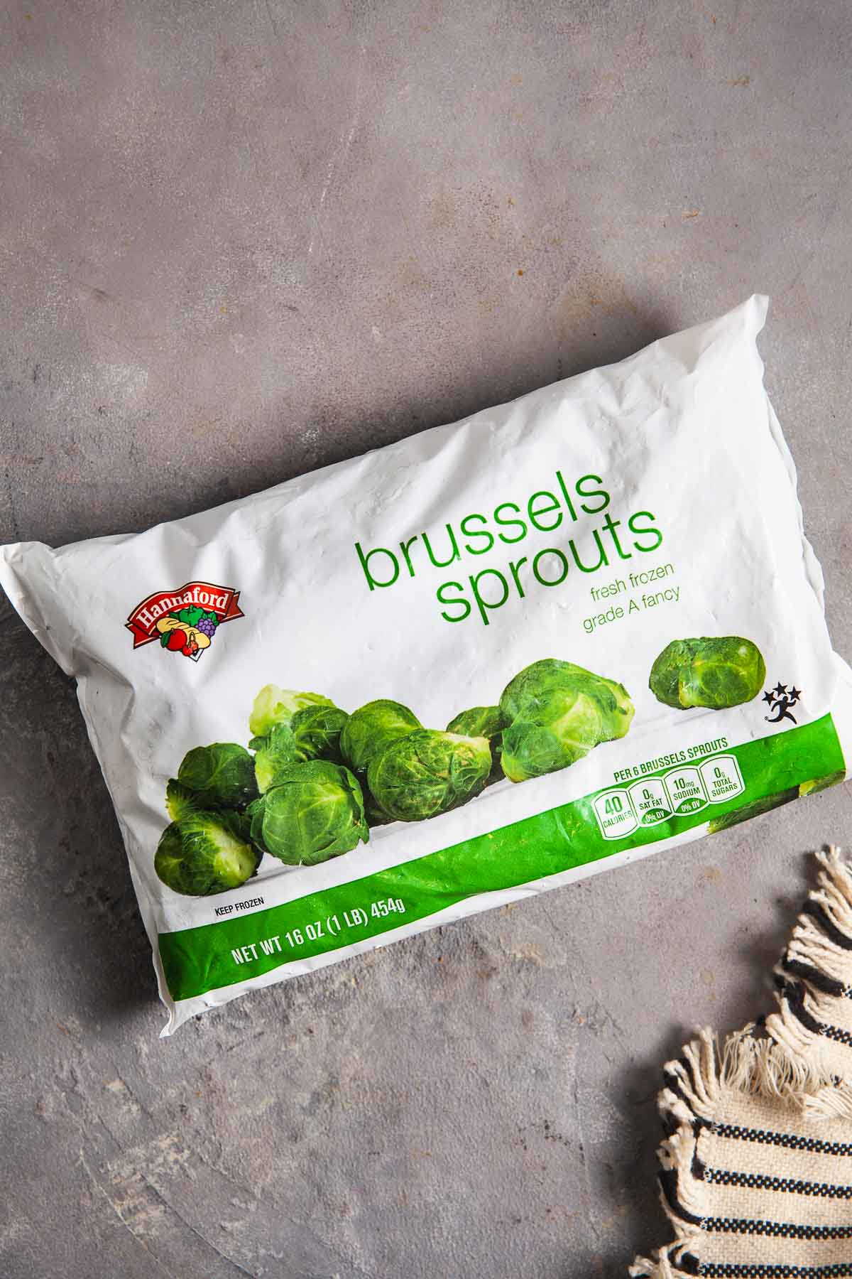 A bag of frozen brussels sprouts. 