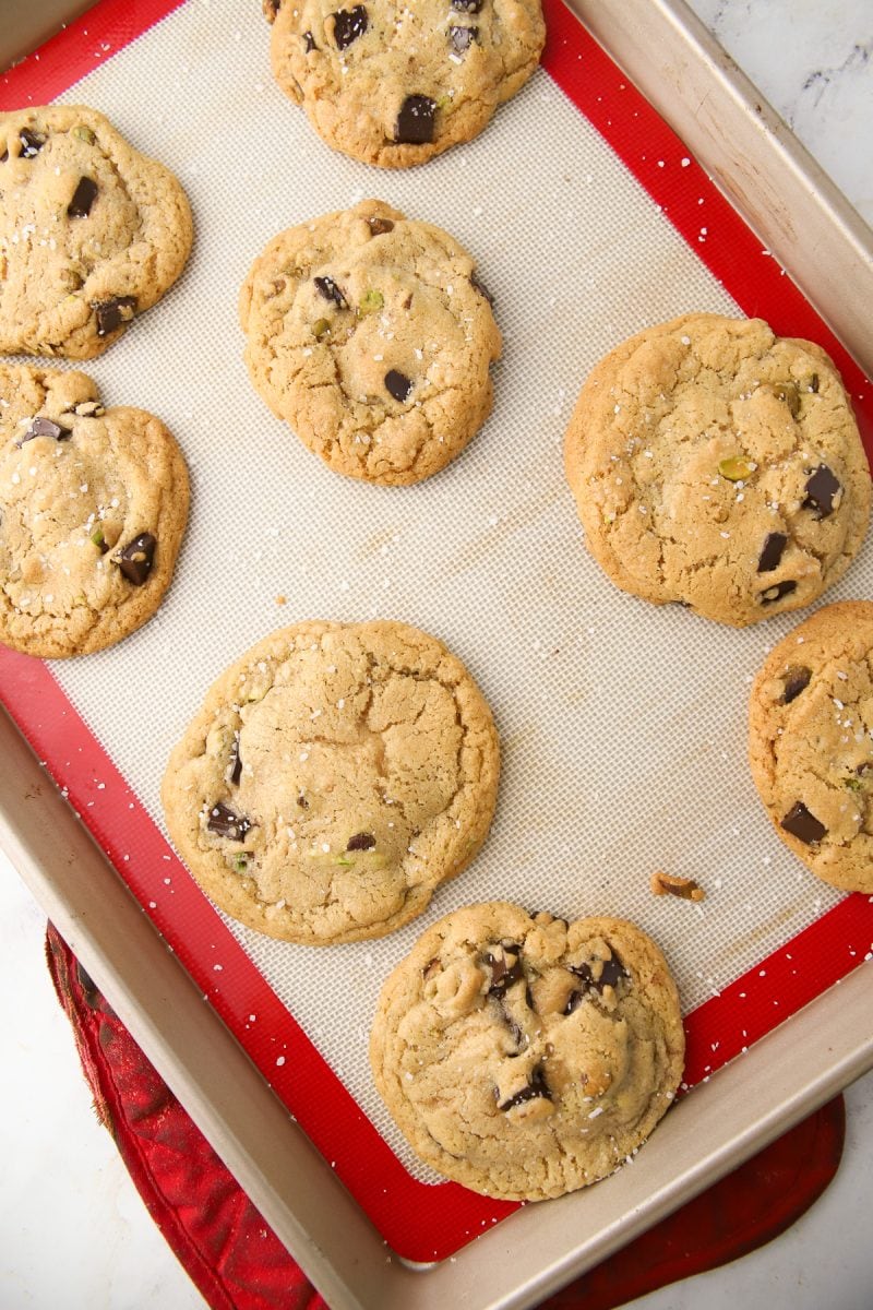 Chocolate Chip Cookies with Pistachios and Sea Salt. 