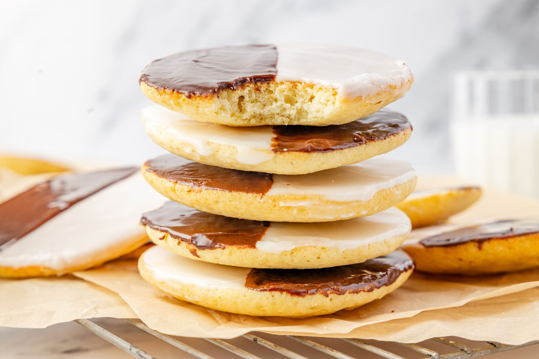 Stack of black and white cookies.